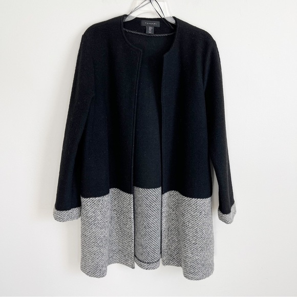 Tahari Wool Cardigan Jacket Colorblock Duster Jacket Black Grey Stripe Medium - Picture 16 of 16